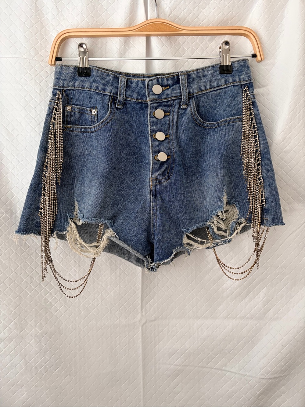 High-Rise Distressed Denim Shorts with Chain Fringe - Blue